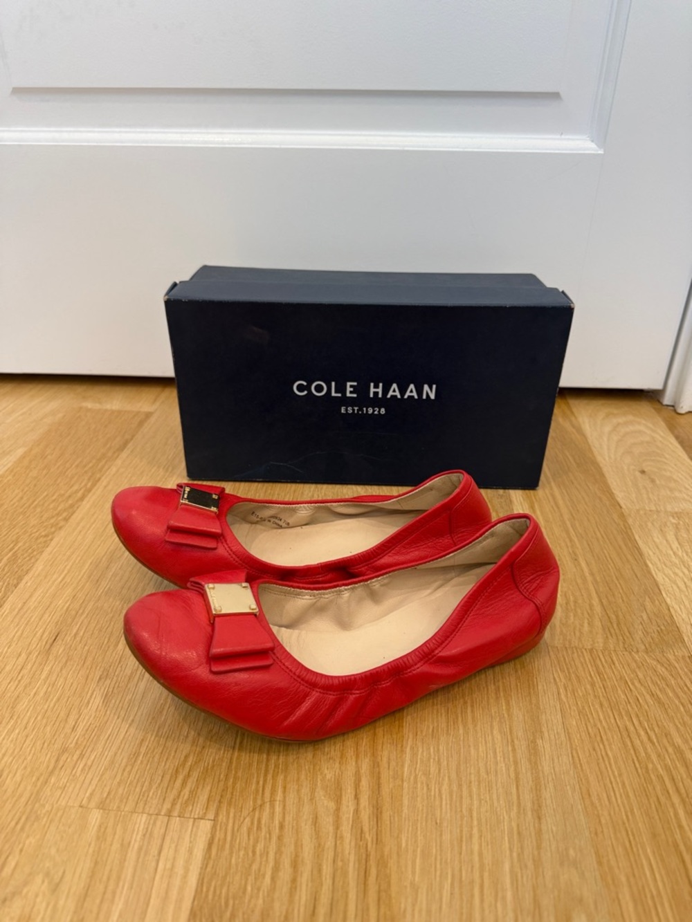 Cole Haan Poppy Color Leather Bow Ballet Flats with Gold Accent with Box